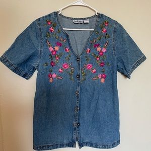Denim top with embroidered flowers and fancy buttons